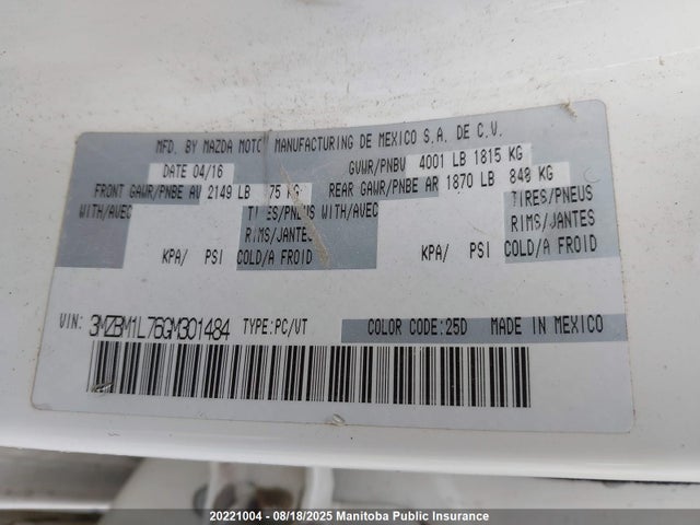 3MZBM1L76GM301484 Mazda pe