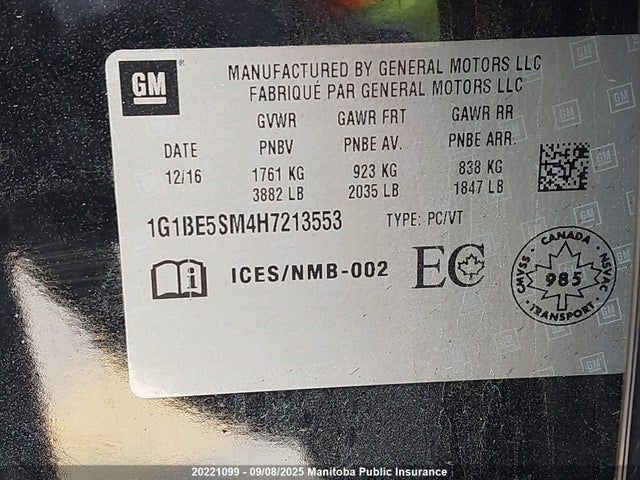1G1BE5SM4H7213553 Chevrolet le2 -di: direct injection, vvt: variable valve timing, gen, alum