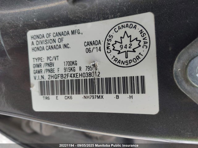 Honda r18z1 2014 2HGFB2F4XEH038012 Image 9