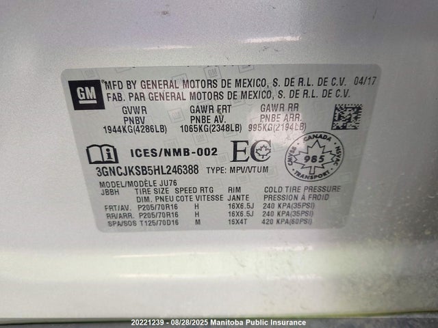 3GNCJKSB5HL246388 Chevrolet luv - mfi, vvt: variable valve timing, e85 max, alum