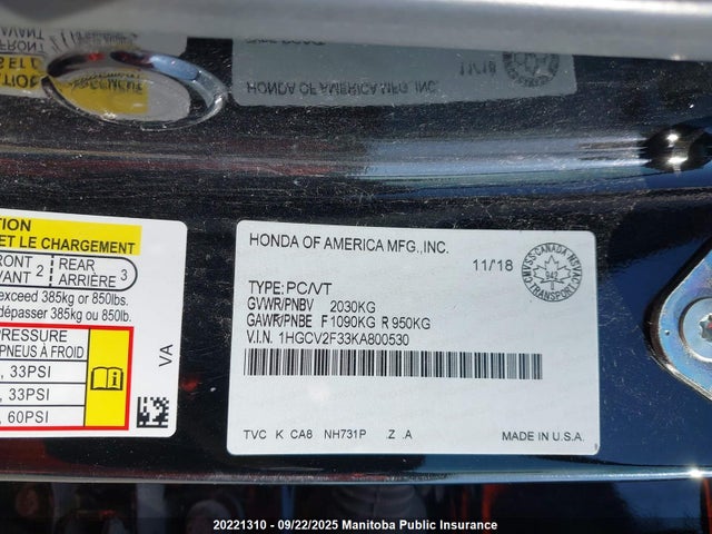 1HGCV2F33KA800530 Honda k20c4