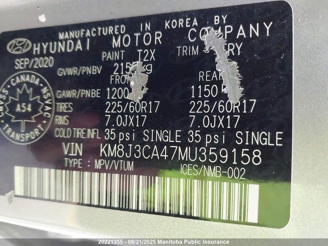 KM8J3CA47MU359158 Hyundai gdi nu