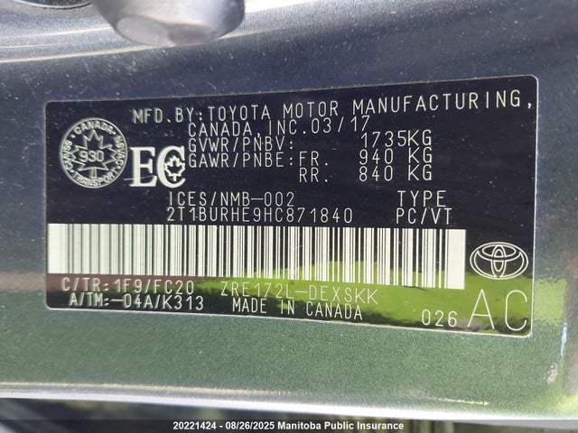 Toyota 2zr-fe 2017 2T1BURHE9HC871840 Image 9
