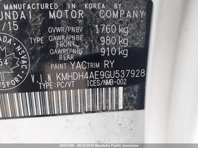 KMHDH4AE9GU537928 Hyundai dohc mpi nu