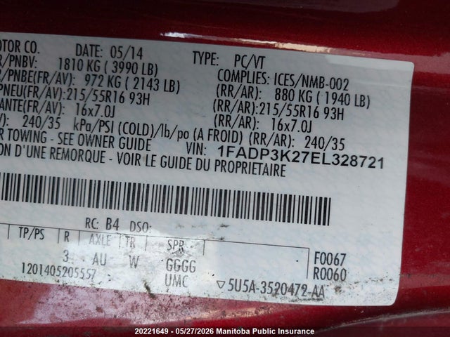 1FADP3K27EL328721 Ford FOCUS SE