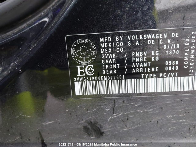 3VWG57BU6KM072651 Volkswagen 1.4 tsi