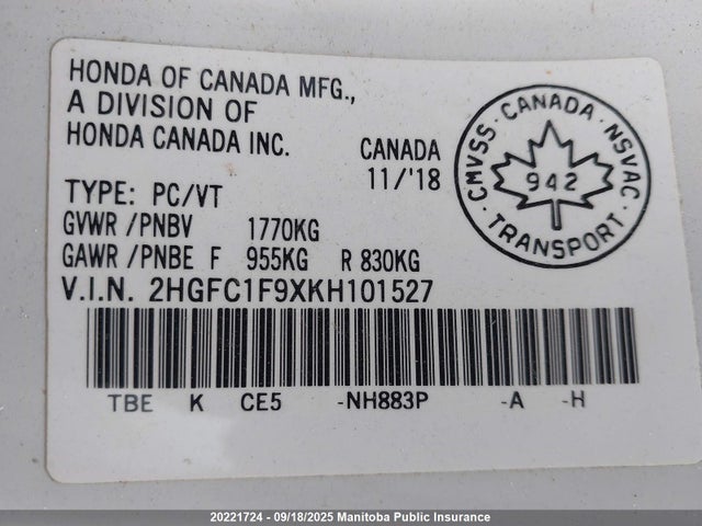 2HGFC1F9XKH101527 Honda l15b7/l15by
