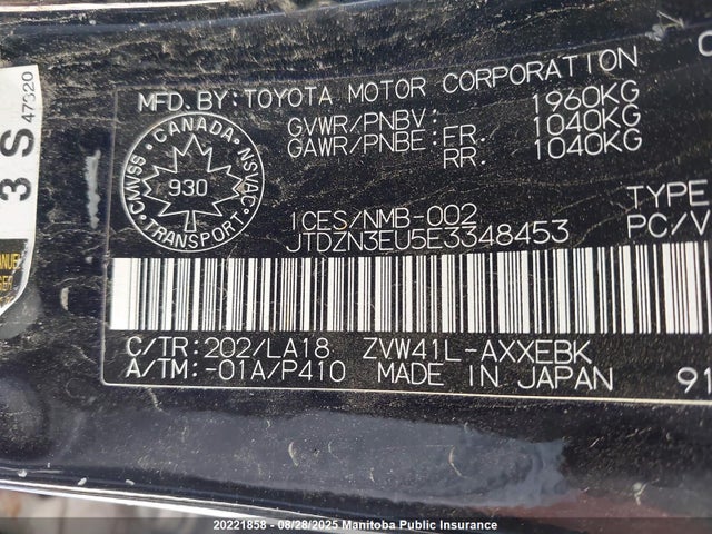 JTDZN3EU5E3348453 Toyota 2zr-fxe+5jm