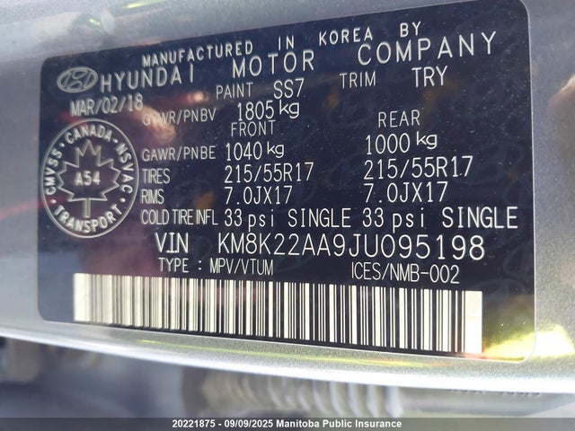 KM8K22AA9JU095198 Hyundai mpi nu