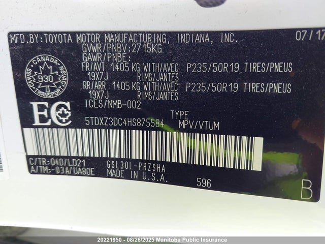 5TDXZ3DC4HS875584 Toyota 2gr-fks