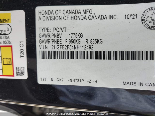 Honda k20c2 2022 2HGFE2F54NH112492 Image 9