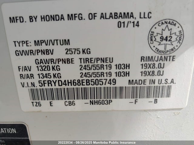 Acura j35y5 2014 5FRYD4H68EB505749 Image 9