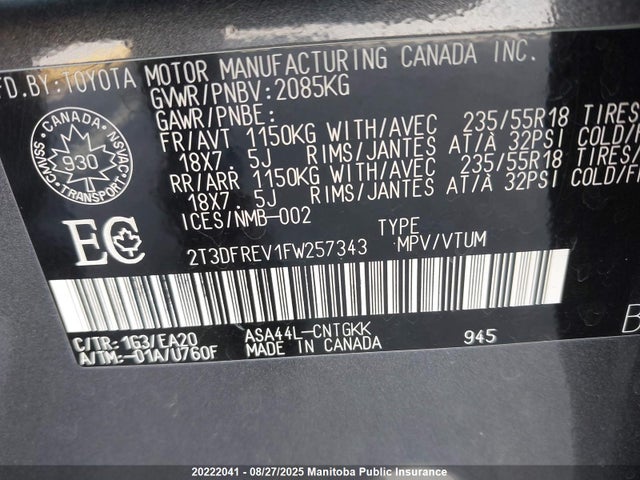 Toyota 2ar-fe 2015 2T3DFREV1FW257343 Image 9