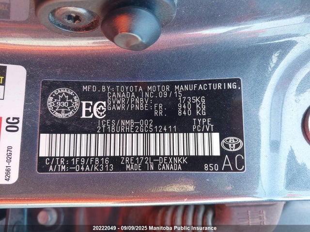 2T1BURHE2GC512411 Toyota 2zr-fe