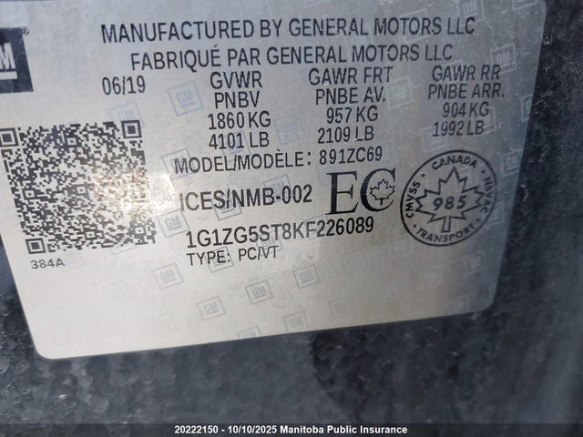 1G1ZG5ST8KF226089 Chevrolet lfv - direct injection, variable valve timing, gen 1