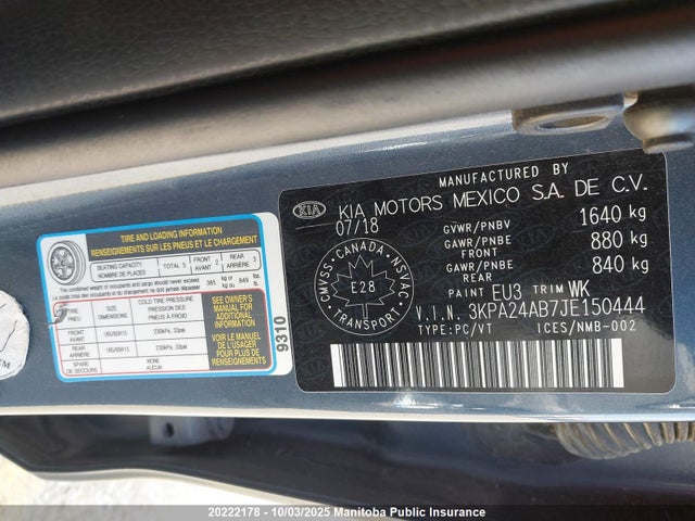 3KPA24AB7JE150444 KIA gdi gamma