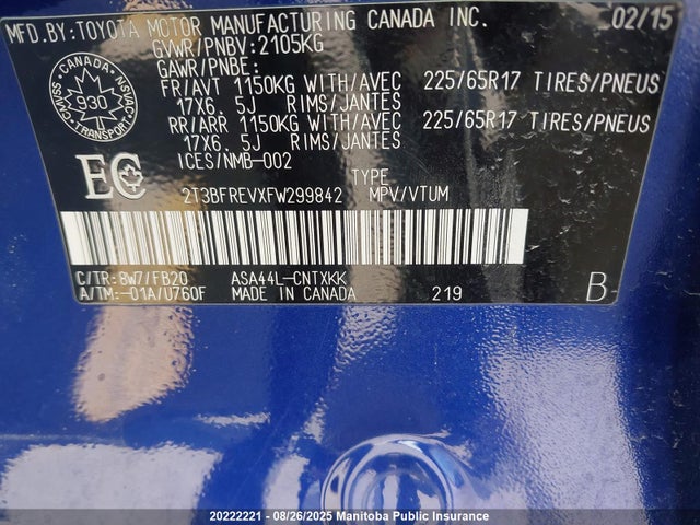 2T3BFREVXFW299842 Toyota 2ar-fe