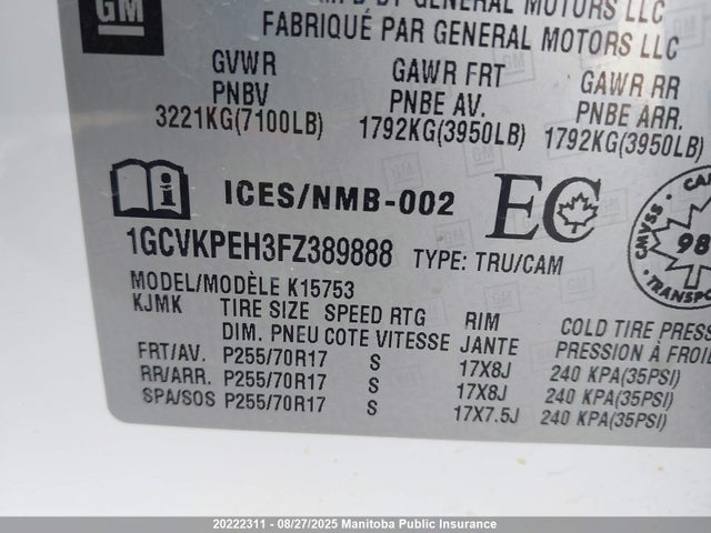1GCVKPEH3FZ389888 Chevrolet lv3 - vvt, aluminum, e85 max