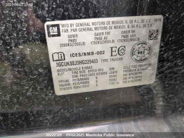 3GCUKSEJ3HG229403 Chevrolet l86 - sidi: spark ignited direct injection, vvt: variable valve timing, afm, e85 max, alum