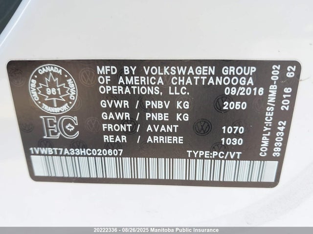 1VWBT7A33HC020607 Volkswagen 1.8 tsi