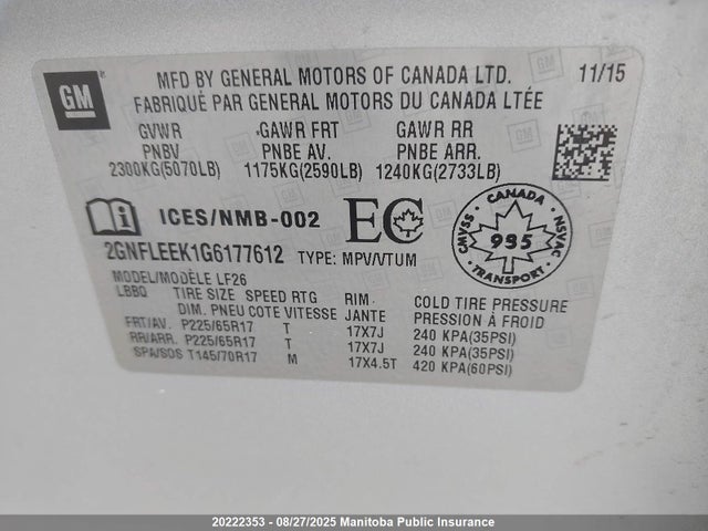 Chevrolet lea - e85 max, aluminum 2016 2GNFLEEK1G6177612 Image 9