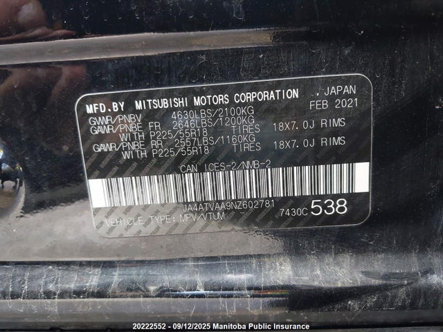 Mitsubishi tc/ic mivec 2022 JA4ATVAA9NZ602781 Image 9