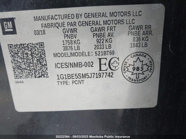 1G1BE5SM5J7197742 Chevrolet le2 -di: direct injection, vvt: variable valve timing, gen, alum