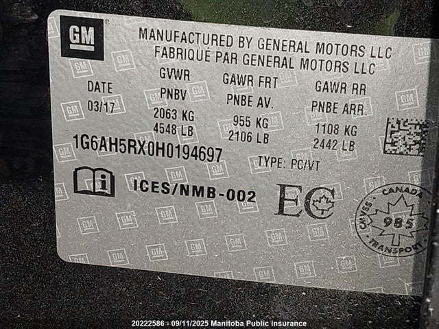 1G6AH5RX0H0194697 Cadillac ltg - sid, alum, vvt, dcvcp turbo, e0-e100, alum