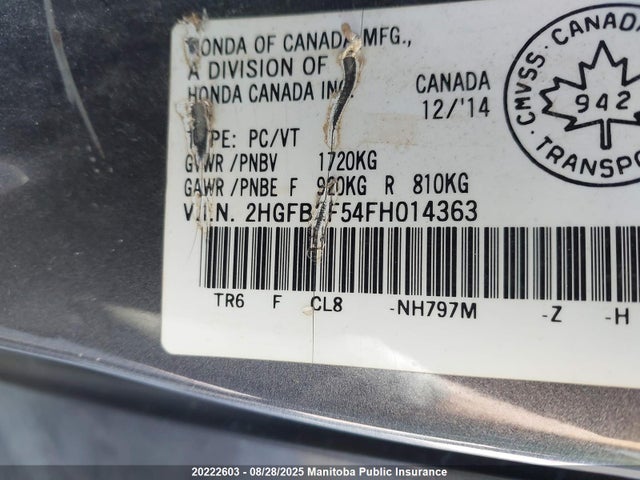 Honda r18z1 2015 2HGFB2F54FH014363 Image 9