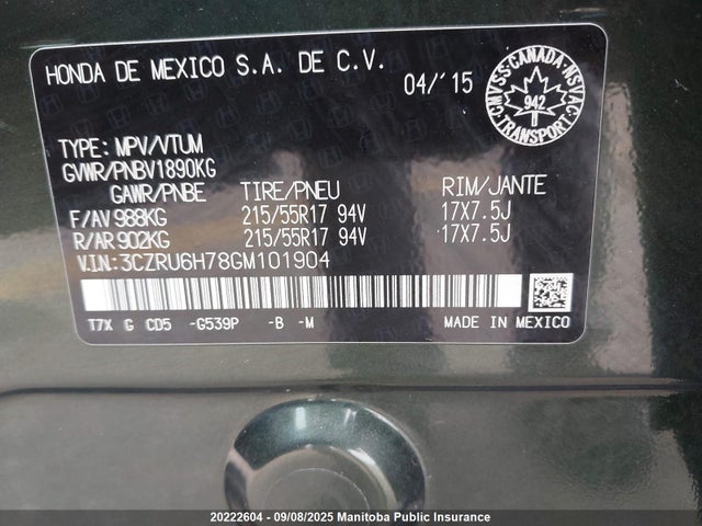 3CZRU6H78GM101904 Honda r18z9