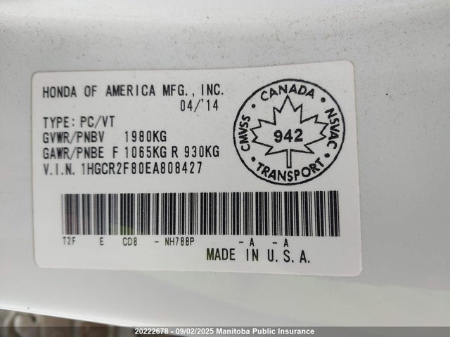 1HGCR2F80EA808427 Honda k24w1