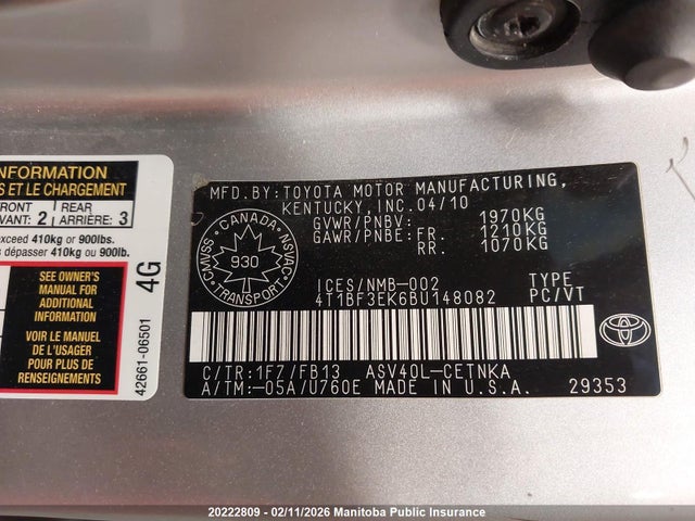 20222809 :رقم المزاد ، 4T1BF3EK6BU148082 vin ، 2011 Toyota Camry Le مزاد بيع