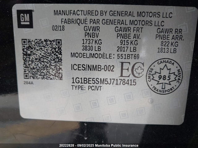 1G1BE5SM5J7178415 Chevrolet le2 -di: direct injection, vvt: variable valve timing, gen, alum