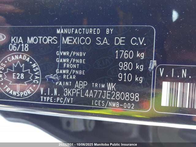 3KPFL4A77JE280898 KIA mpi nu