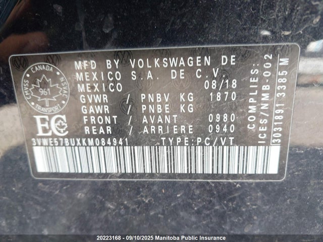 3VWE57BUXKM084941 Volkswagen 1.8 tsi