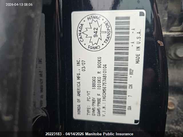 Aukcja sprzedaży 2007 Honda Accord Ex, vin: 1HGCM56757A810104, numer aukcji: 20223183