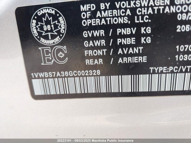 1VWBS7A36GC002328 Volkswagen Passat