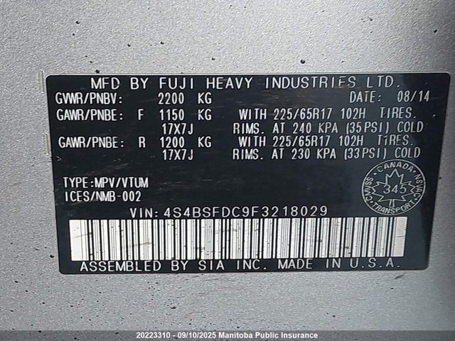 4S4BSFDC9F3218029 Subaru 3.6l c0