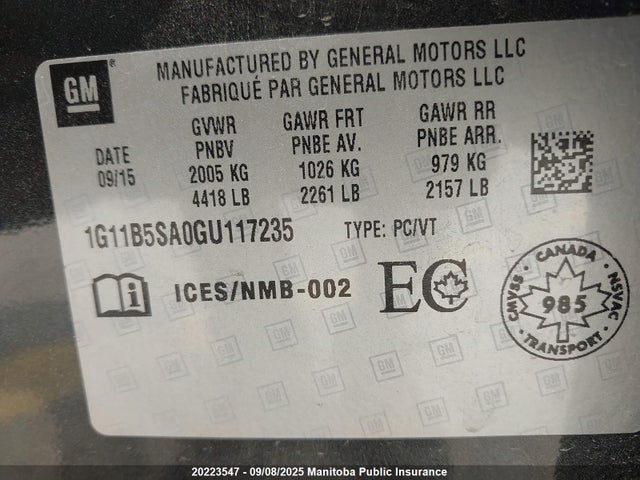 1G11B5SA0GU117235 Chevrolet lcv -sidi, dcvcp, vvt, dcvcp, e85 max, e0-e100, aluminum