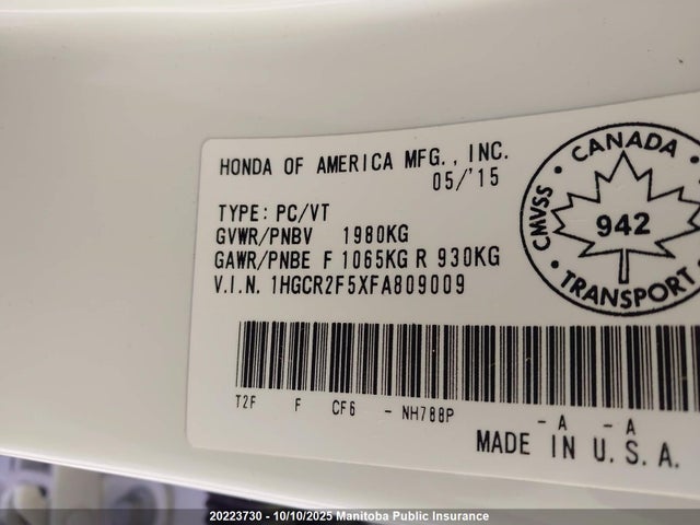 1HGCR2F5XFA809009 Honda k24w1