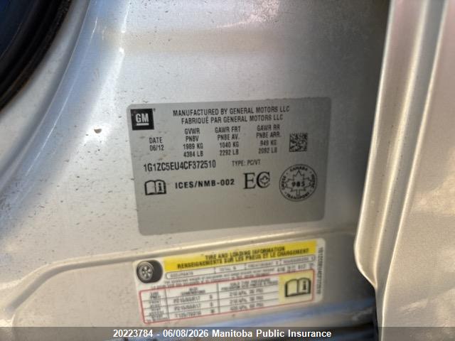 Продаж на аукціоні авто 2012 Chevrolet Malibu Lt, vin: 1G1ZC5EU4CF372510, номер лоту: 20223784