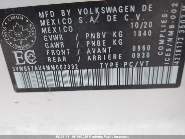 3VWG57AU4MM002392 Volkswagen Golf