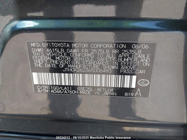 Aukcja sprzedaży 2006 Lexus Is 250, vin: JTHCK262365006493, numer aukcji: 20224212