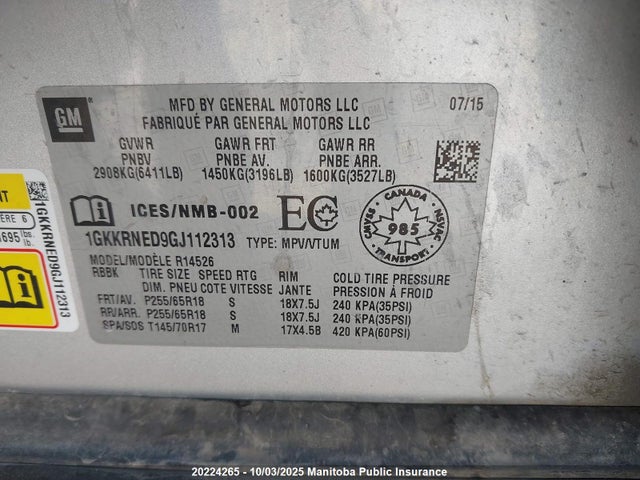 1GKKRNED9GJ112313 GMC llt - sidi, alum, 60 degrees