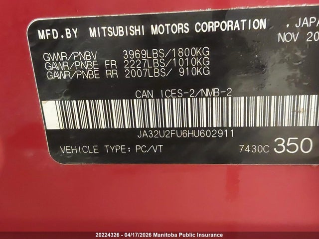 JA32U2FU6HU602911 Mitsubishi LANCER ES