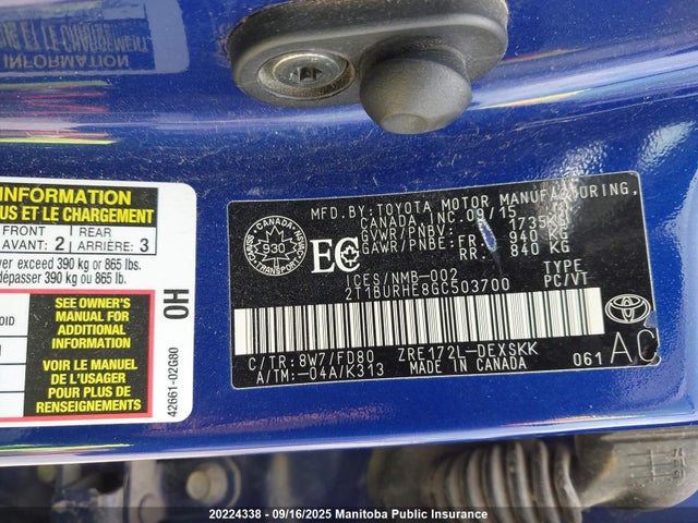 2T1BURHE8GC503700 Toyota 2zr-fe