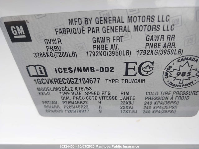 1GCVKREC0GZ104677 Chevrolet l83 - sidi, vvt, afm, e85 max, aluminum