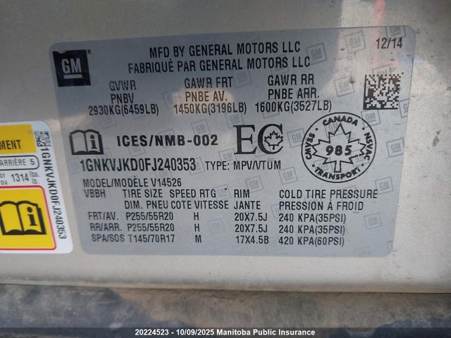 Chevrolet llt 2015 1GNKVJKD0FJ240353 Image 9