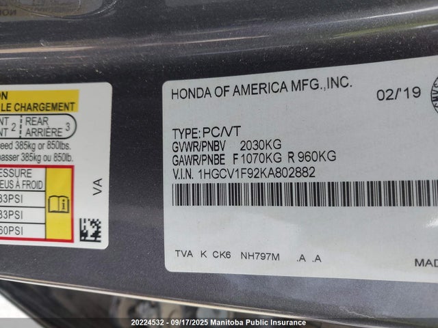 1HGCV1F92KA802882 Honda l15be