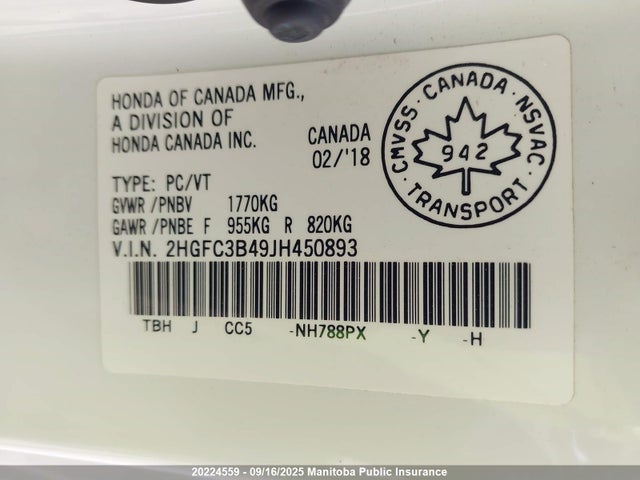 2HGFC3B49JH450893 Honda Civic